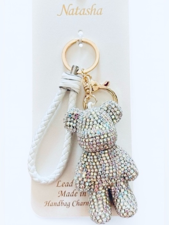 Natasha Accessories - Natasha LARGE Iridescent Crystal Teddy Bear Bag Charm / Keychain / Wristlet, NIP